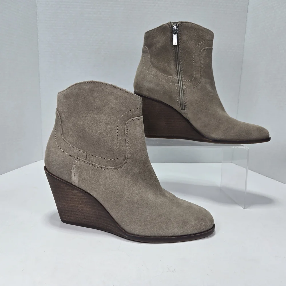 Lucky Brand Wadier Taupe Suede Wedge Ankle Cowboy Boots Booties Women's Size 9